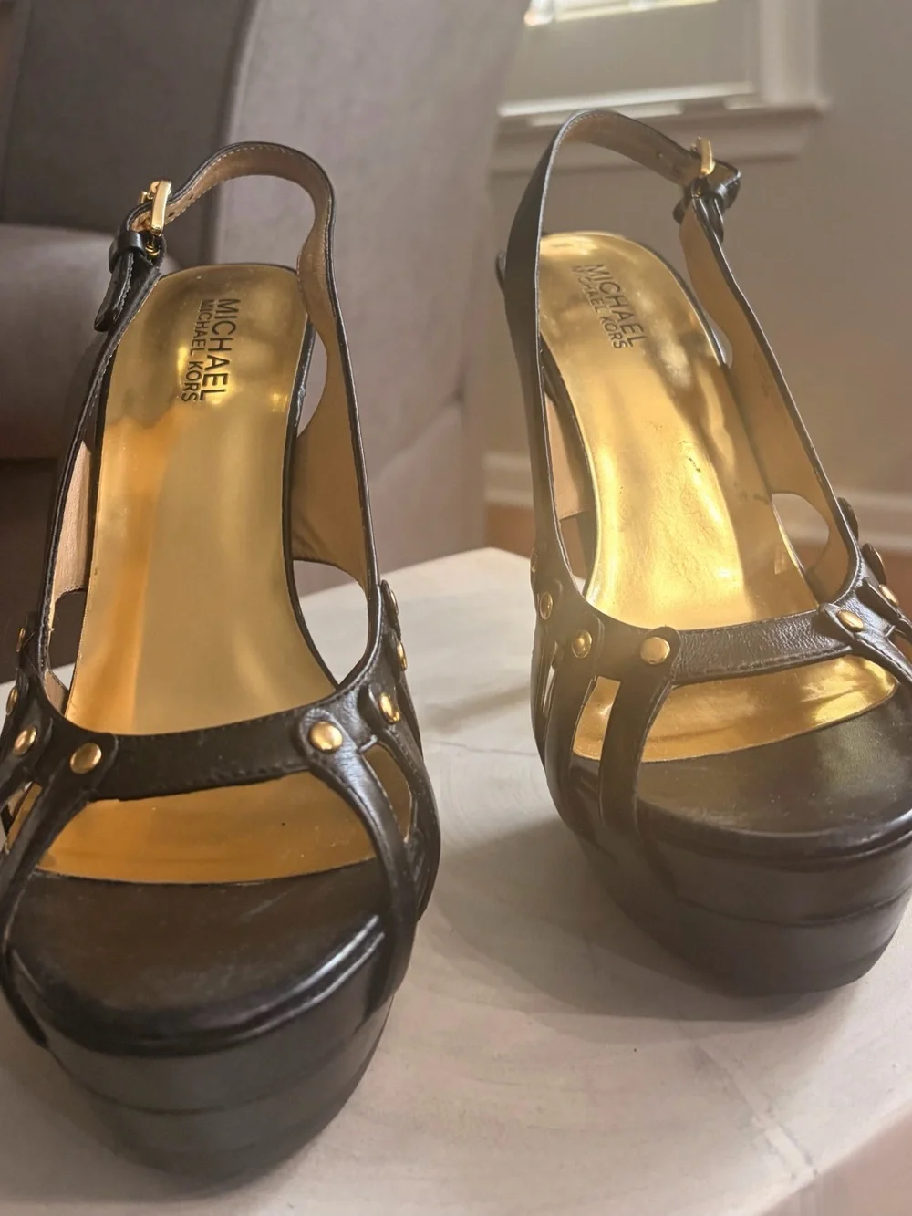 Michael Kors Black Leather Platform Slingback Sandals with Gold Insole